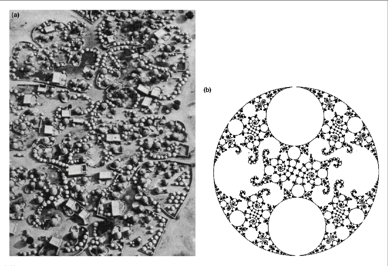 A diagram with a photo on the left side labeled A, and an illustration on the right labeled B. A. is an aerial photograph of an African settlement. From the top view we see swirls in how the buildings have been mapped out across the land. B. illustrated the fractal pattern that the settlement has composed.